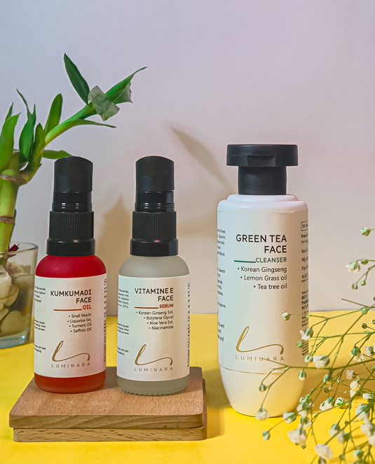 Complete Glow Trio (Kumkumadi Oil + Vitamin E Serum + Green Tea Cleanser)