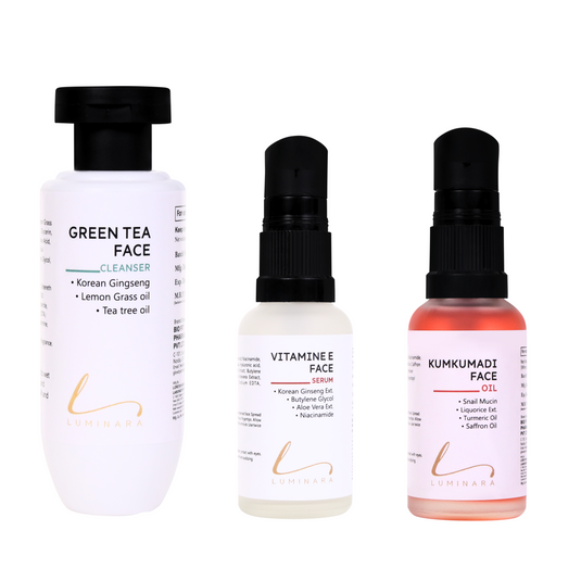 Complete Glow Trio (Kumkumadi Oil + Vitamin E Serum + Green Tea Cleanser)